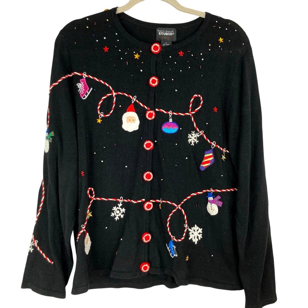 VTG Studio Joy Womens L Christmas Holiday Embroidered Sweater Santa Claus Winter